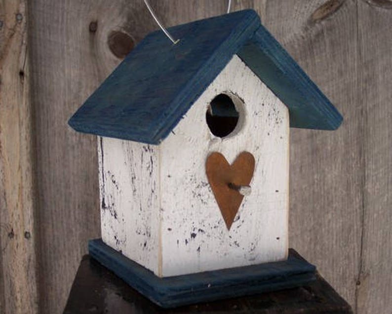 Hanging Wooden White and Blue Birdhouse Wren Chickadee Small Songbirds Rusty Heart Handmade Birdhouse image 2