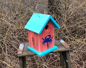 Rustic Primitive Birdhouse Blue Tin Crab Birdhouse Outdoor Bird House