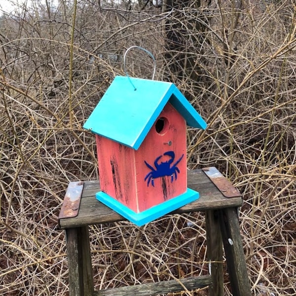 Rustic Primitive Birdhouse Blue Tin Crab Birdhouse Outdoor Bird House