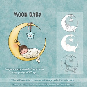 Sello digital - Moon Baby - bebé dormido imagen digi imprimible