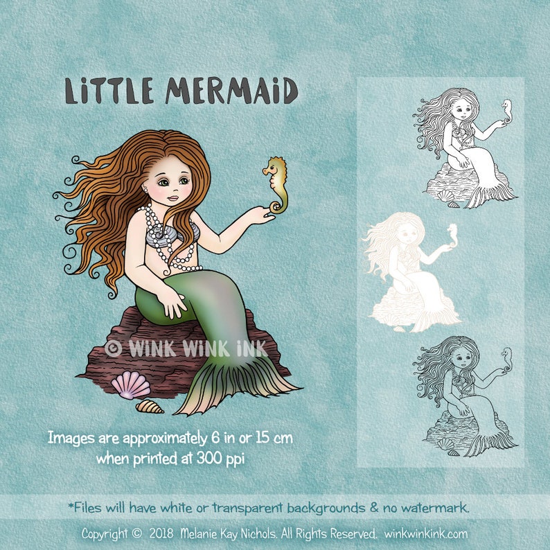 Digital Stamp Little Mermaid with seahorse printable image digistamp image 1