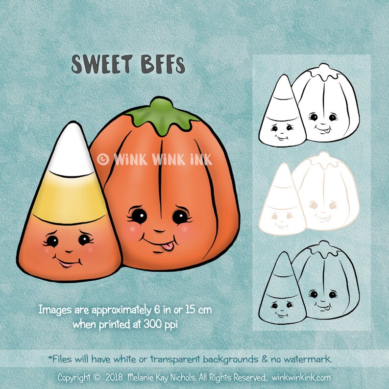 Digital Stamp Sweet BFFs Candy corn and pumpkin friends Halloween digi image 1