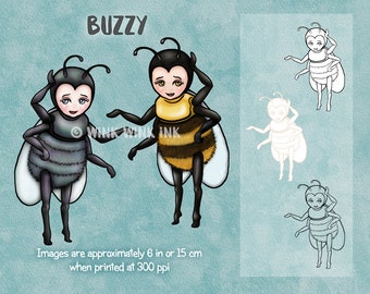 Digital stamp - Buzzy - cute bee or fly - Printable bugs or insects for cards and other crafts