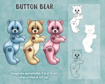 Digital stamp - Button Bear - Teddy Bear  printable digi image