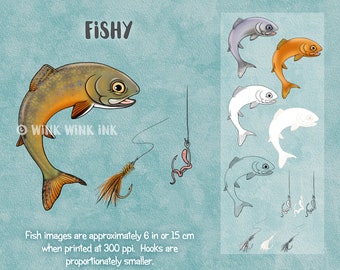 Digital Stamp - "Fishy" -  cute trout minnow goldfish - fishhook with worm and trout fly - for printable crafts and cards