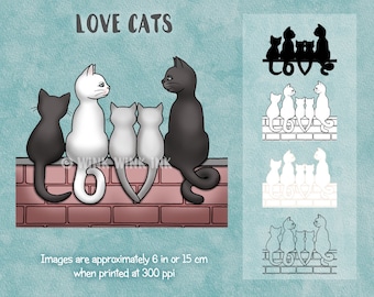 Digital Stamp - Love Cats - kitty family and bonus silhouette digi image