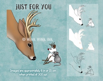 Digital Stamp - Just for You - Buck deer and mouse with snowman friend
