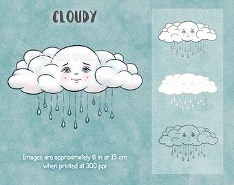 Digital stamp - "Cloudy" - friendly little rain cloud with raindrops - for printable crafts and cards