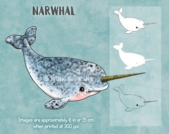 Digital Stamp  "Narwhal"  Cute, little whale illustration for cards, coloring, printable crafts, nursery decor, for anyone who loves sealife