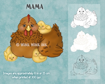 Digital stamp - Mama - chicken hen and baby chicks  printable digi image