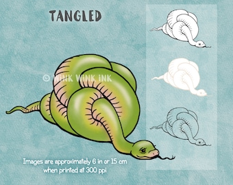 Digital stamp - Tangled - sad green snake printable digi image
