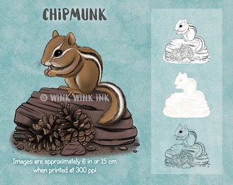 Digital Stamp - "Chipmunk" -  Woodland animal image with pine cones for cards and other printable crafts  - perfect for nature lovers