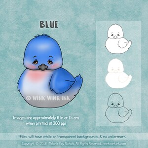 May include: A cartoon illustration of a blue bird with a gray belly and a pink chest. The word "BLUE" is at the top. The image is approximately 6 inches when printed at 300 ppi. Three additional bird outlines are to the right.
