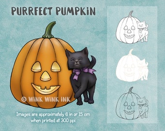 Digital Stamp - Purrfect Pumpkin - kitten and smiling  jack-o-lantern digistamp