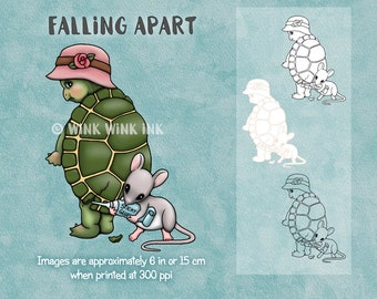Digital stamp - Falling Apart - turtle and mouse best friends bff digi image