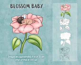 Digital stamp - Blossom Baby - sleeping baby fairy - printable for nursery decor, baby shower, or baby cards