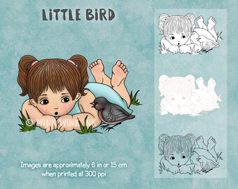 Digital stamp - Little Bird - telling secrets - printable image -  digi stamp