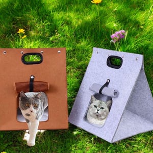 Portable Cat Cave Bed - Felt Pet House with Handle for Small Dogs Cats - Cozy Travel Pet Carrier - Modern Pet Furniture Indoor Outdoor