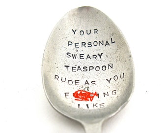 Rude Personalised Tea Spoon, Handstamped Vintage Teaspoon With Swearing On