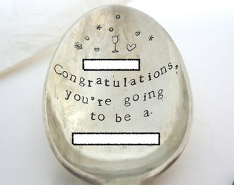 Announcement Spoon, Congratulations, Personalised Made To Order Handstamped Vintage Dessertspoon