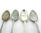 Herb Garden Labels, Hand Stamped Vintage Teaspoons, Basil Chives Mint Dill, Set of Four, Gift for Gardener, Plant Pot Markers
