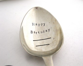 Personalized birthday spoon, hand stamped vintage spoon, choice of sizes, teaspoon, dessertspoon, coffee spoon