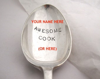 Awesome Cook personalised spoon, hand stamped vintage dessertspoon