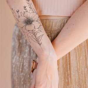 Refined Floral Tattoo, Black Ink Tattoo, Temporary Botanical Tattoo, Elegant Flower Tattoo, Mystical Back Tattoo, Downloadable Digital File