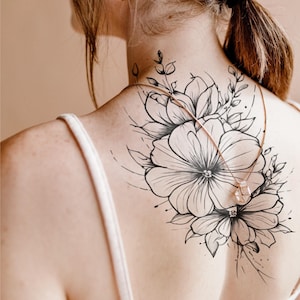 Enchanting Botanical Arm Tattoo, Delicate Nature-Inspired Tattoo, Floral Motif Tattoo, One-of-a-Kind Flower Tattoo, Graceful Leg Tattoo