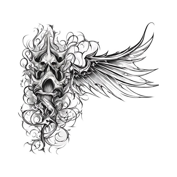 Skull-angel Wing Tattoo, Gothic Tattoo Art, Black and White Ink
