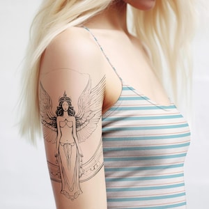 Angel Winged Goddess Tattoo, Mythological Tattoo Design, Spiritual Female Tattoo, Divine Tattoo, Black and White Tattoo, Elegant Ink Tattoo