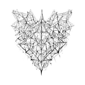May include: A black and white geometric design with a sharp, pointed shape. The design is made up of many overlapping triangles and lines, creating a complex and intricate pattern.