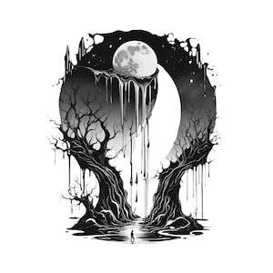 May include: A black and white illustration of two trees with a crescent moon dripping black liquid. The moon is full and has a textured surface. A small figure stands in the center of the image.