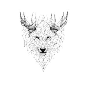 Geometric Wolf Tattoo Design, Abstract Animal Tattoo, Stylized Face Tattoo, Polygon Ink Tattoo, Creative Linework Tattoo, Symmetric Tattoo