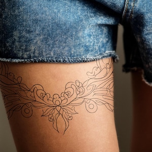 Ornate Botanical Line Tattoo, Elegant Flower and Vine Tattoo, Artistic Plant Tattoo, Symmetrical Nature-Inspired Tattoo, Decorative Tattoo