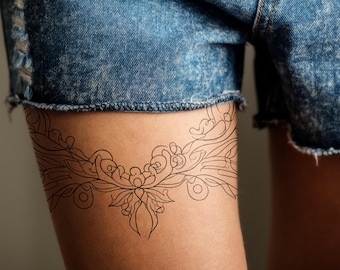 Ornate Botanical Line Tattoo, Elegant Flower and Vine Tattoo, Artistic Plant Tattoo, Symmetrical Nature-Inspired Tattoo, Decorative Tattoo