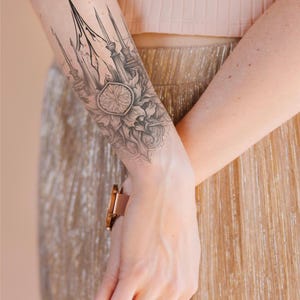 Candle and Rose Tattoo, Floral Gothic Tattoo, Sophisticated Monochrome Tattoo, Ornamental Patterned Tattoo, Mystical Botanical Ink Tattoo
