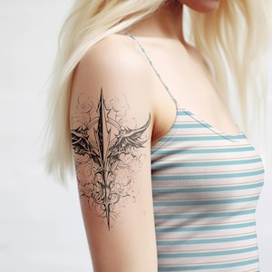 Dragon Winged Cross Tattoo, Decorative Sword Tattoo, Powerful Gothic Tattoo, Black Ink Tattoo, Arm or Back Tattoo, Mystic-Dark Tattoo Design