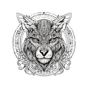Wild Wolf Tattoo Design, Geometric-Ornate Head Tattoo, Symbolic Animal Art, Detailed Forest Guardian Tattoo, Decorative Tattoo, Ink Tattoo
