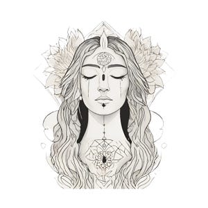 Flower Detailed Goddess Tattoo, Third Eye Tattoo Art, Divine Feminine Tattoo, Spiritual Tattoo, Mystical Tattoo, Boho Style Tattoo