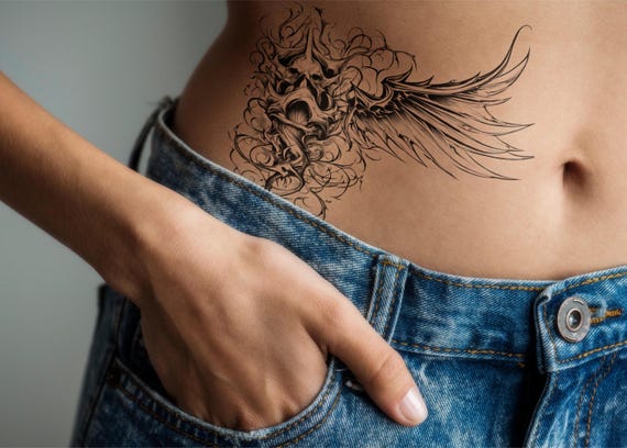 Skull-angel Wing Tattoo, Gothic Tattoo Art, Black and White Ink