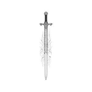 Fine Line Sword Tattoo, Detailed Blade Tattoo Art, Medieval Themed Tattoo, Artistic Tattoo, Ornate and Exquisite Tattoo, Decorative Tattoo