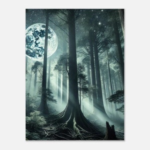 Impresión en lienzo de Bosque Oscuro: Pintura de cielo de medianoche melancólico para amantes de la naturaleza, arte mural de bosque místico para la oficina en casa o una acogedora sala de estar.