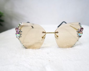 Trendy Luxury Brand Design Vintage Rimless Rhinestone Sunglasses Women Men Fashion Gradient Lens Sun Glasses Shades for Female