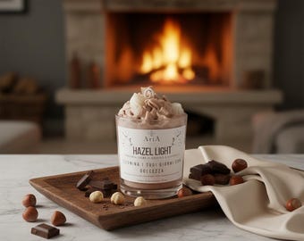 Hazel Light soy wax candle, hazelnut and chocolate fragrance. Vegan and cruelty-free, with certified fragrances, GMO- and paraben-free wax.