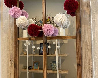 Valentines Pom Pom Garland, Chunky Yarn, Wall Hanging Decor