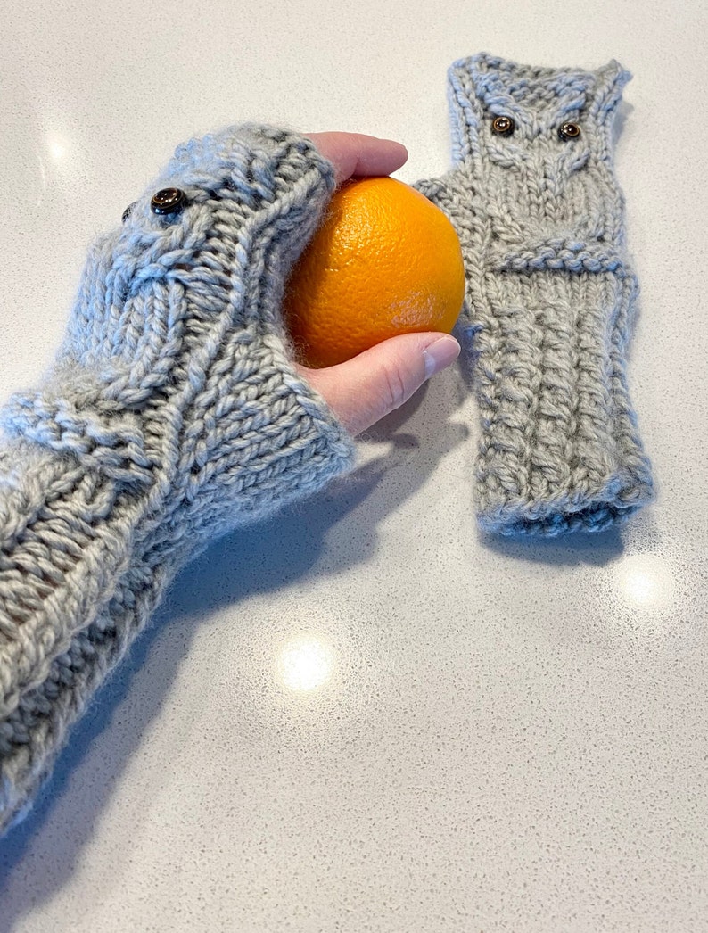 Owl Fingerless Gloves Mittens Merino Wool Silver Gray image 2