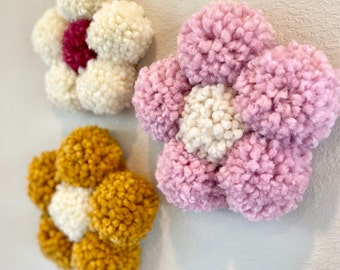 Yarn Pom Pom Daisy Wall Decor, Nursery Flower Hanging