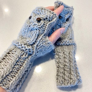 Owl Fingerless Gloves Mittens Merino Wool Silver Gray image 1