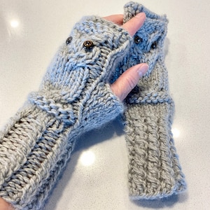 Owl Fingerless Gloves Mittens - Merino Wool - Silver Gray